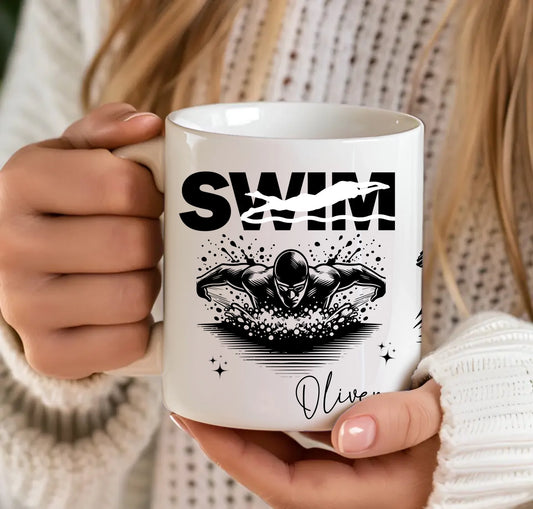 Custom swim mug with SWIM text and swimmer graphic