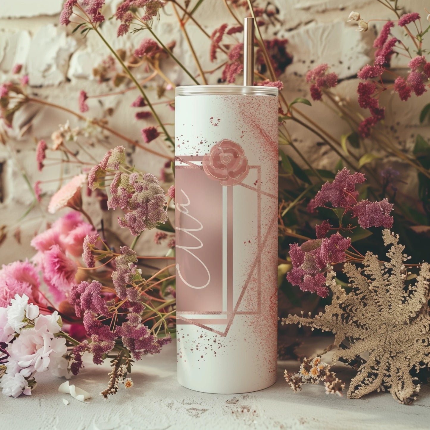 custom white cup with rose gold print