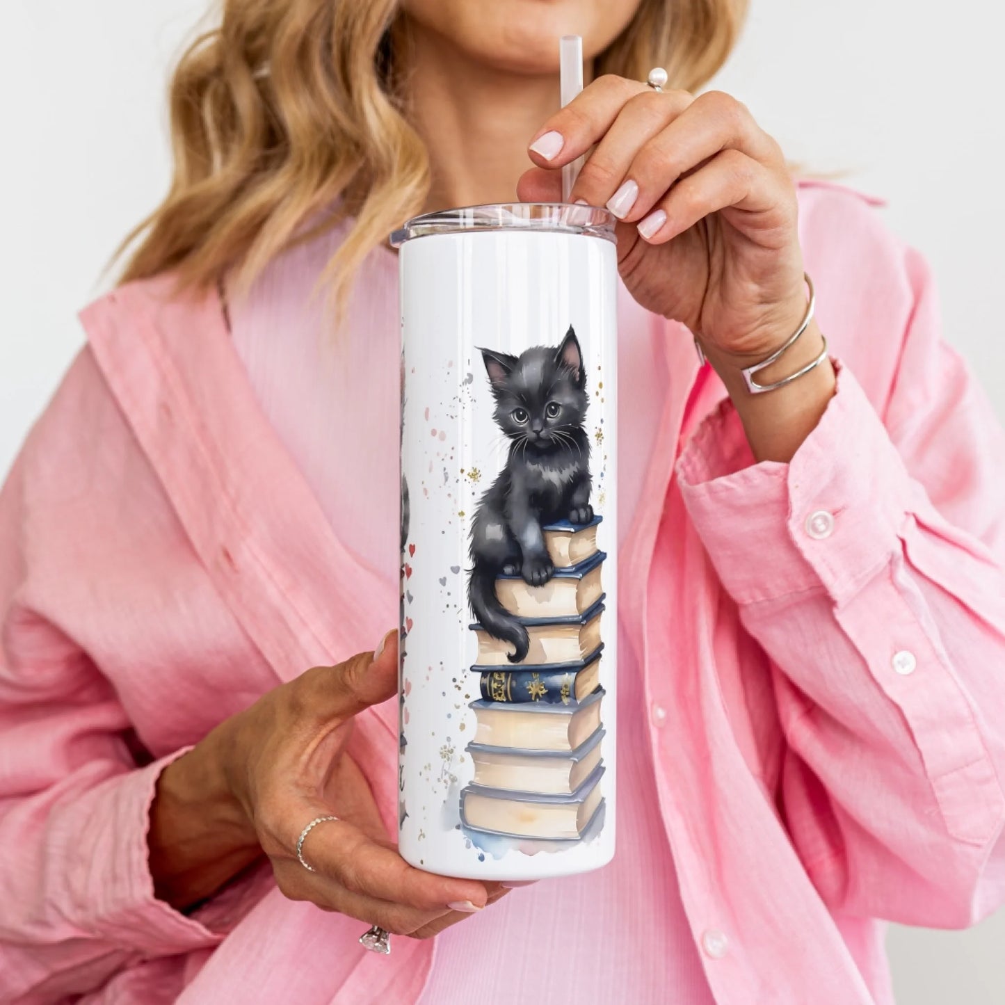 cat and books themed travel mug