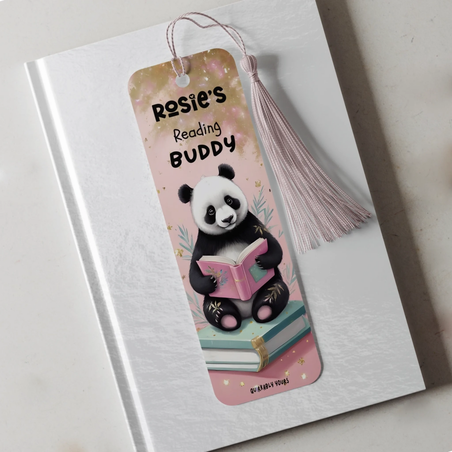 Pink personalised bookmark with cute panda design and shimmer detail