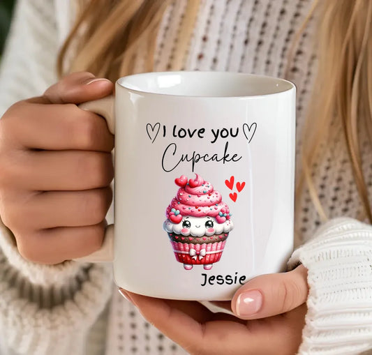 Cute pink cupcake mug with custom name with love hearts