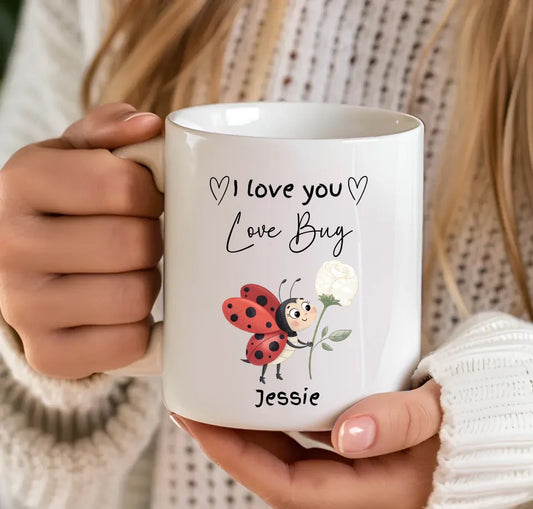 Cute ladybird mug with custom name & I love you