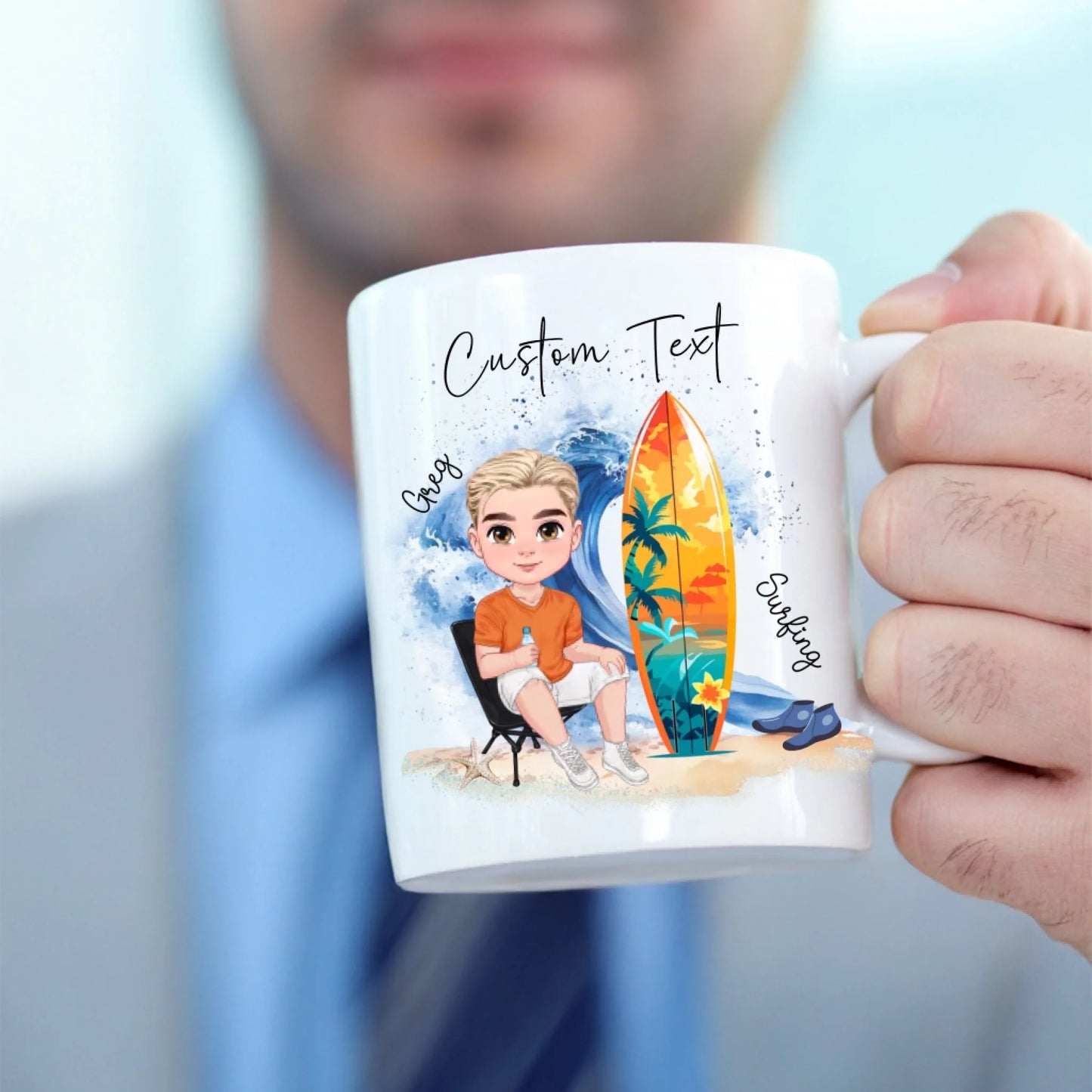 Cute surf character coffee mug – ideal gift ideas for surfer lovers