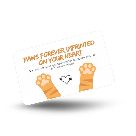 Cat memorial wallet card with heartfelt tribute and paw prints