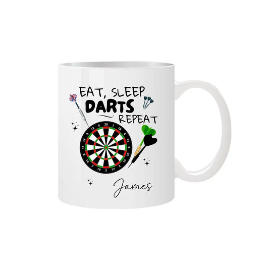 Custom darts mug with dartboard and dart graphics