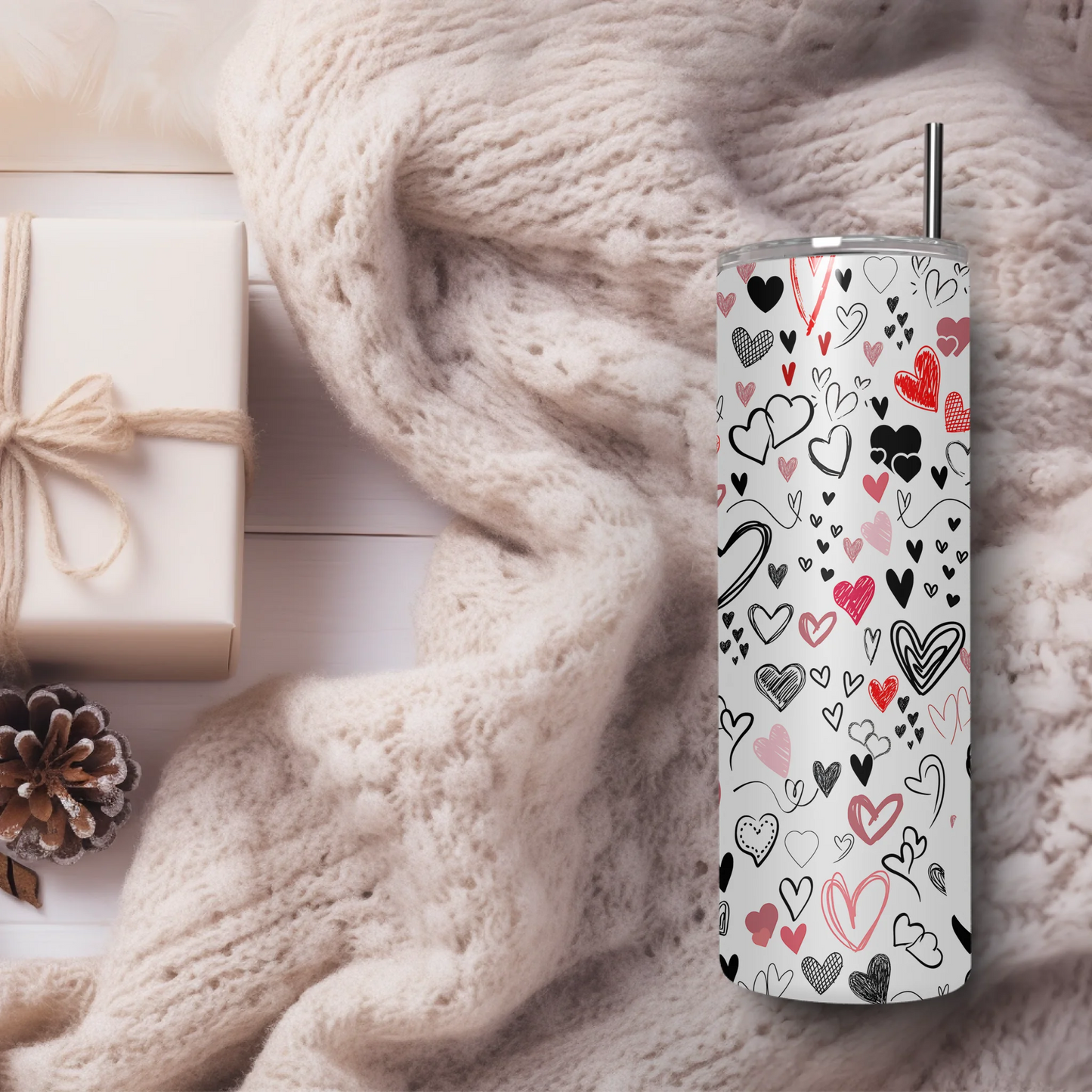 Cup with red pink black hearts pattern