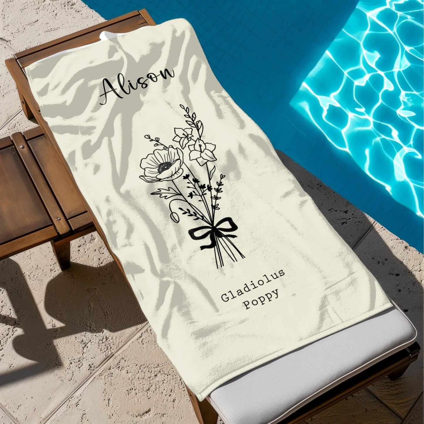 Elegant beach towel for adults with personalised birth flower bouquet