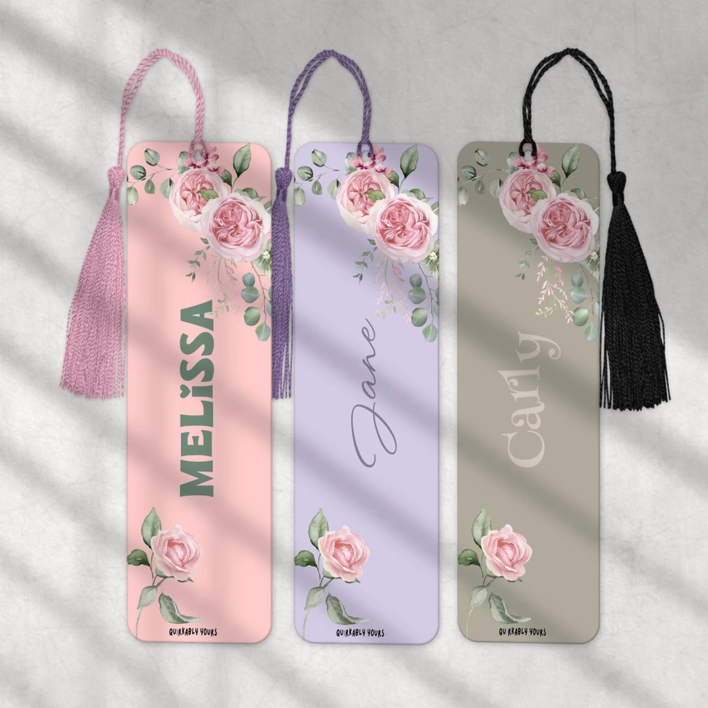 Pink flower and green leaf personalised bookmark UK gift