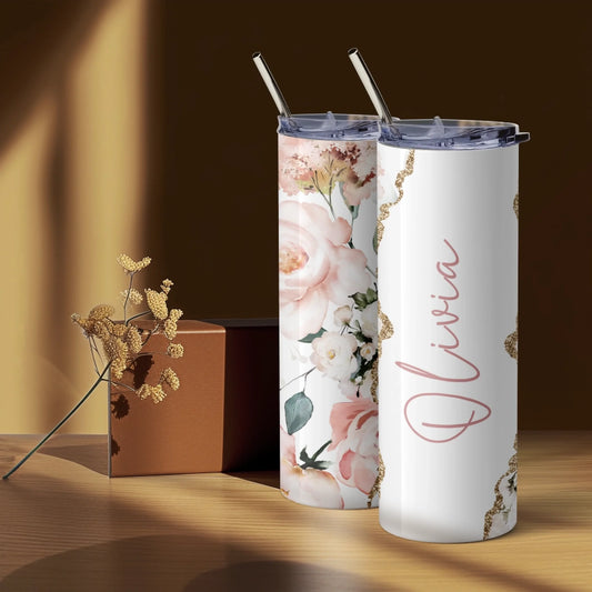 Reusable travel mug with delicate floral design, perfect for gifting
