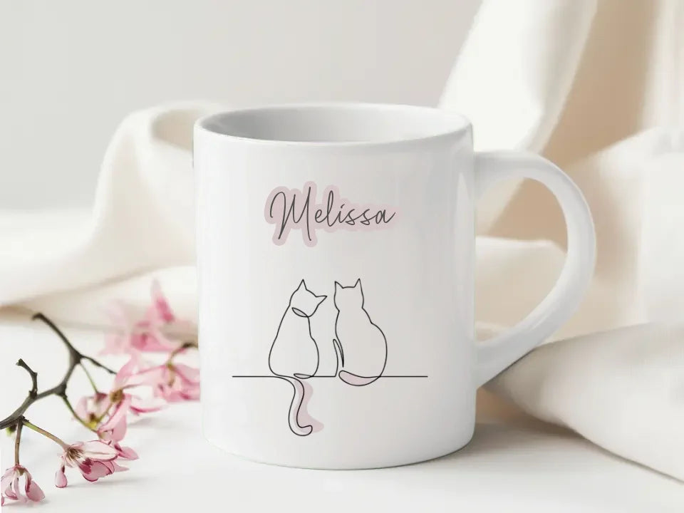 Elegant white mug with dusky pink cat design