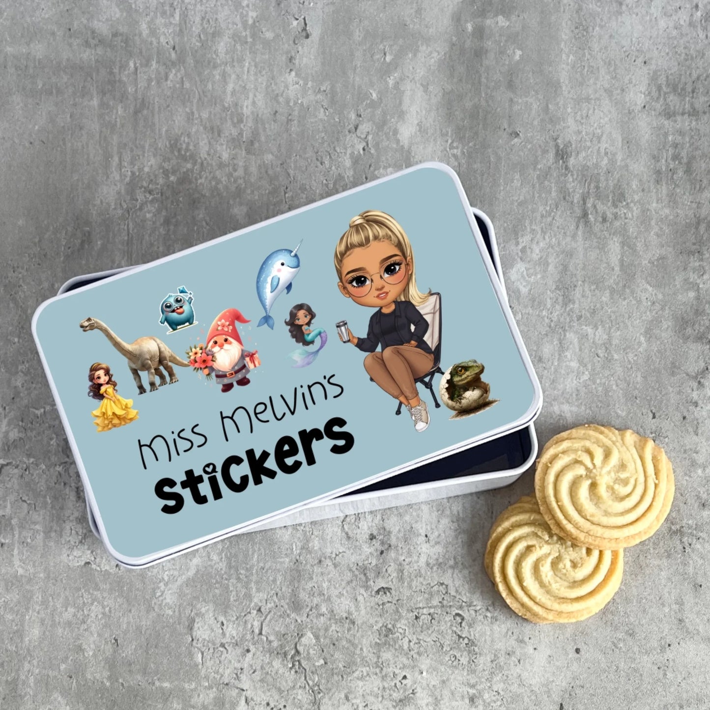 Empty metal tin for storing reward stickers