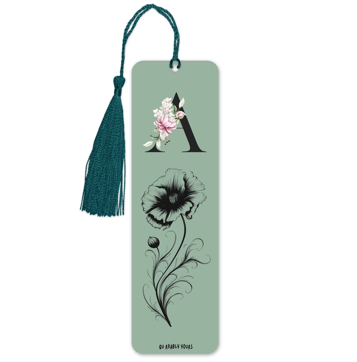Personalised bookmark gift with botanical birthflower and elegant black initial