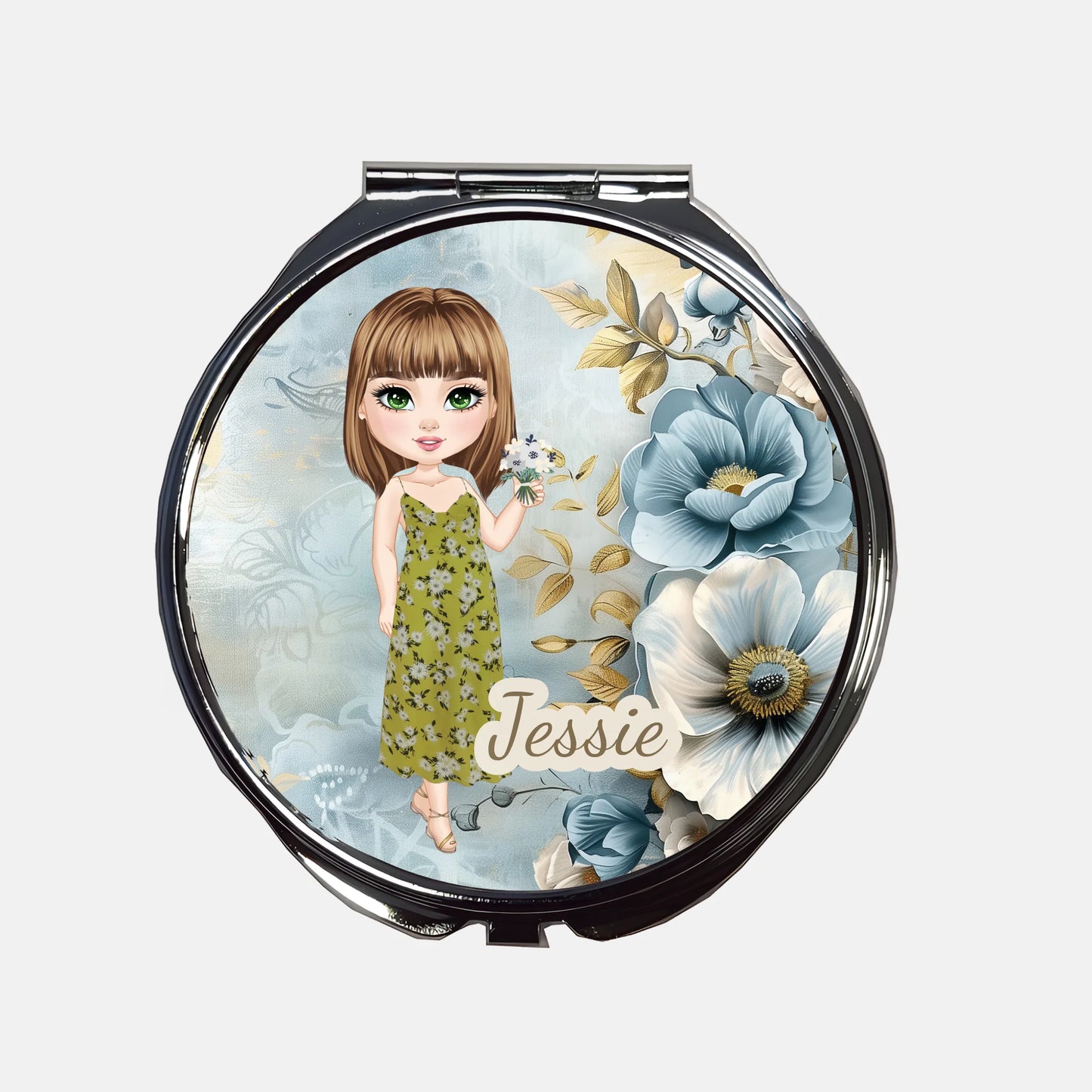 Blue floral compact mirror with name