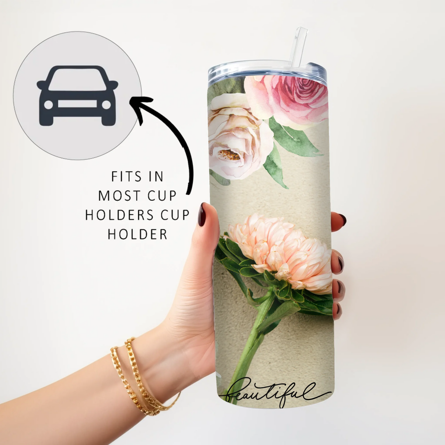 Reusable insulated travel cup with flowers