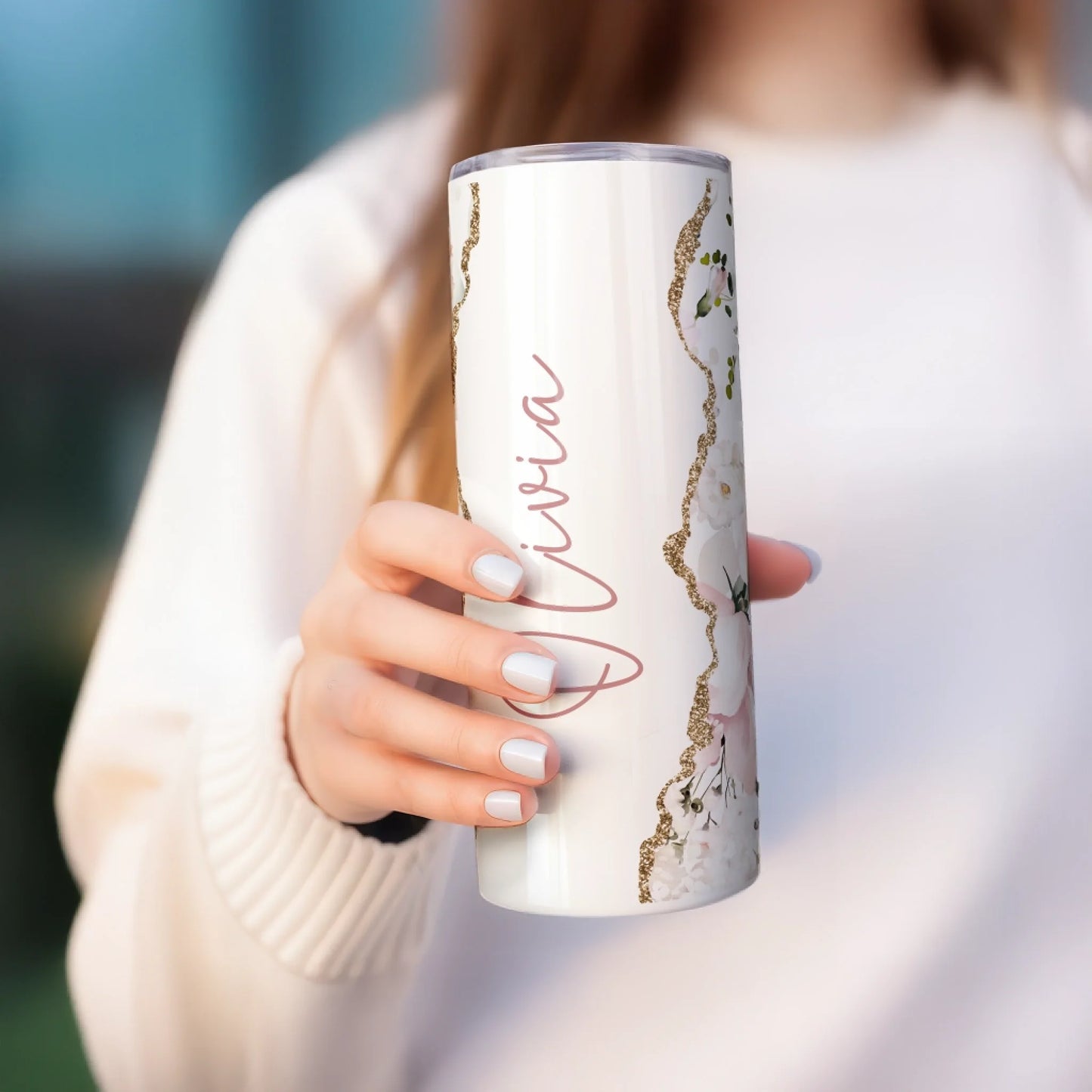 Personalised insulated mug with name in dusky pink, floral design