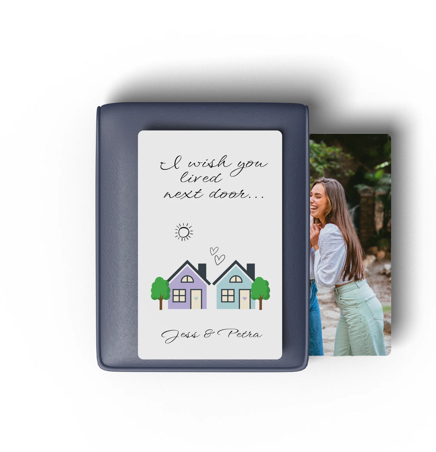 Personalized photo frame with 'I wish you lived next door' text and two houses illustration, two people.