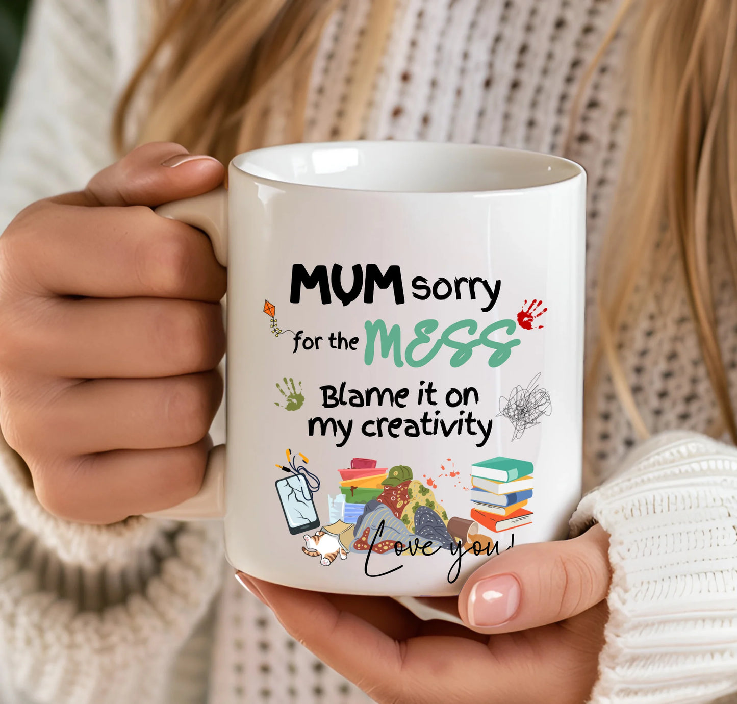 Mug with messy house illustrations for mum