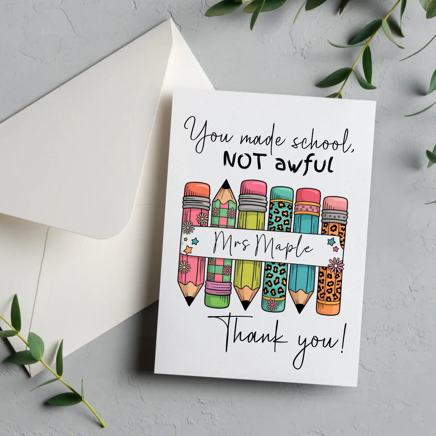 Funny teacher thank you card with bright coloured pencils design