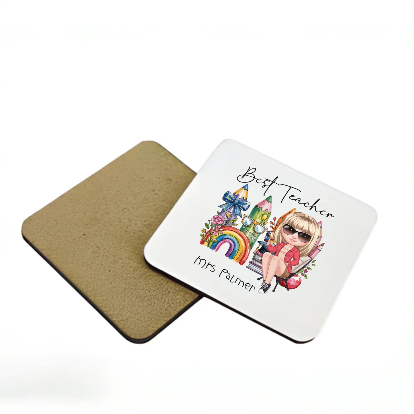 Funny custom teacher coaster with rainbow pencil background