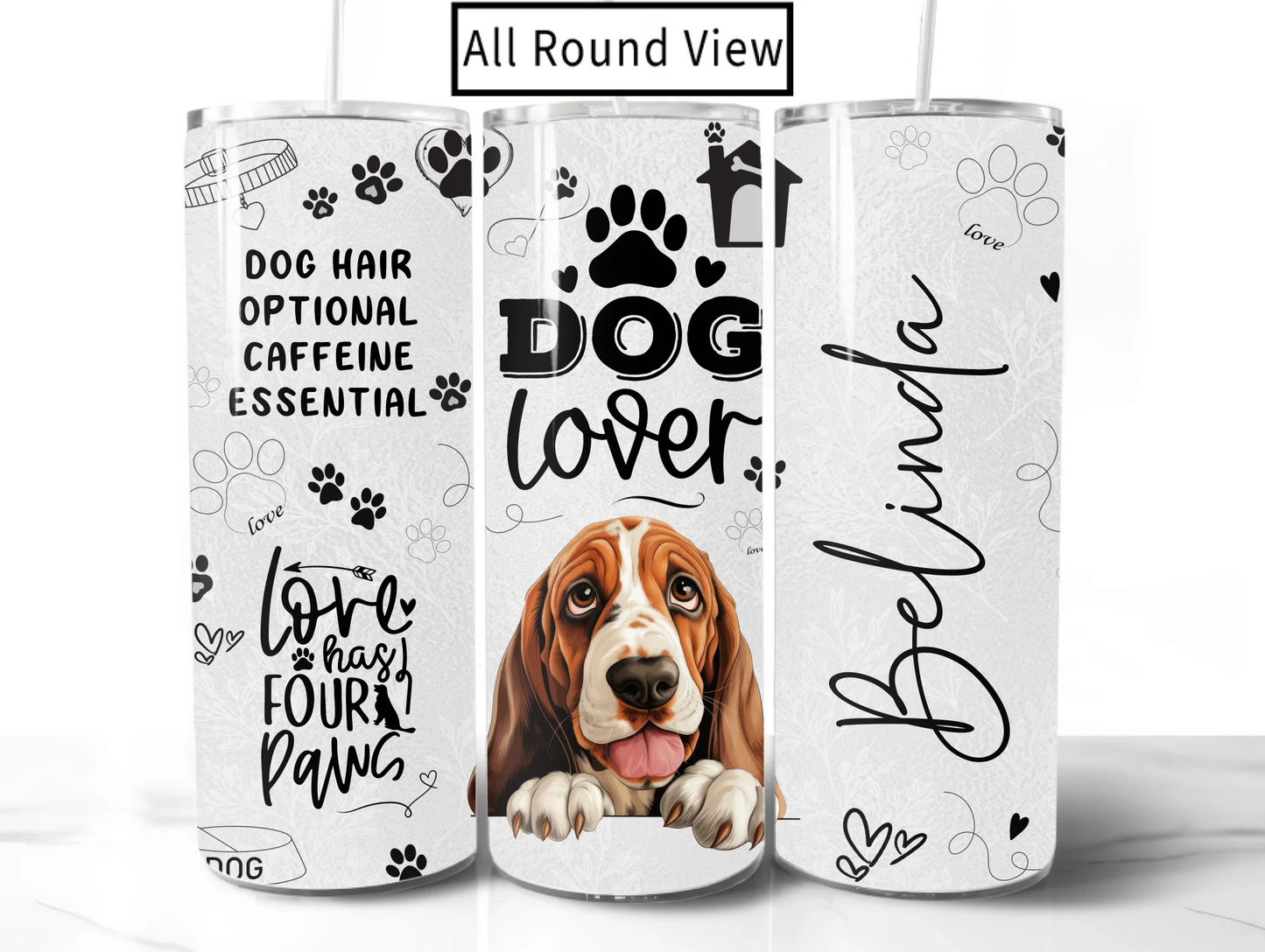 Three tumblers with dog-themed designs on a white background