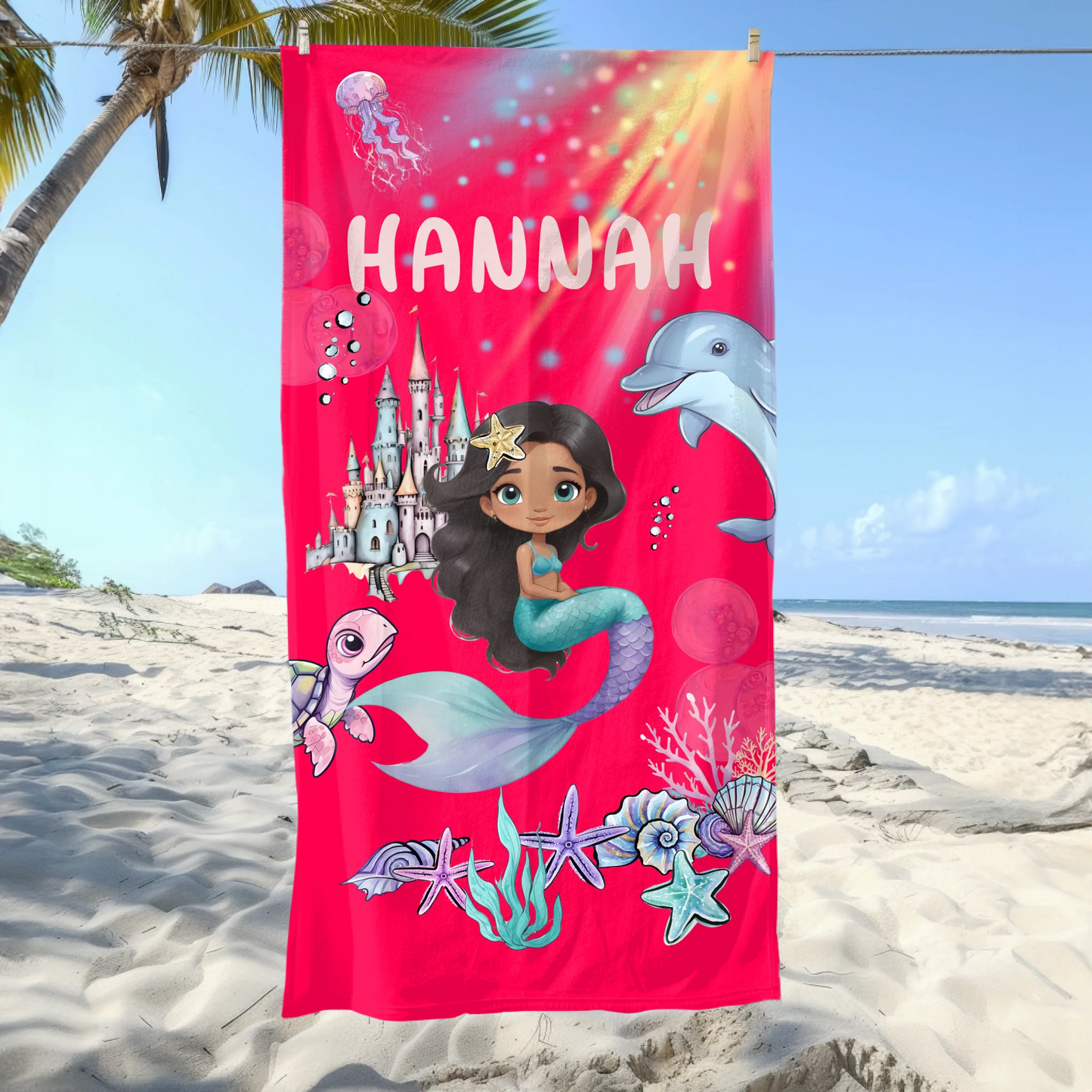 Personalised mermaid beach towel with name