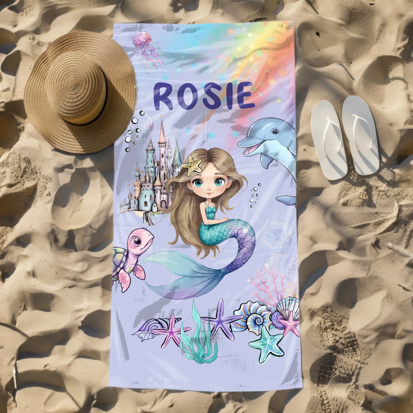 Beach towel for girl with six mermaid choices