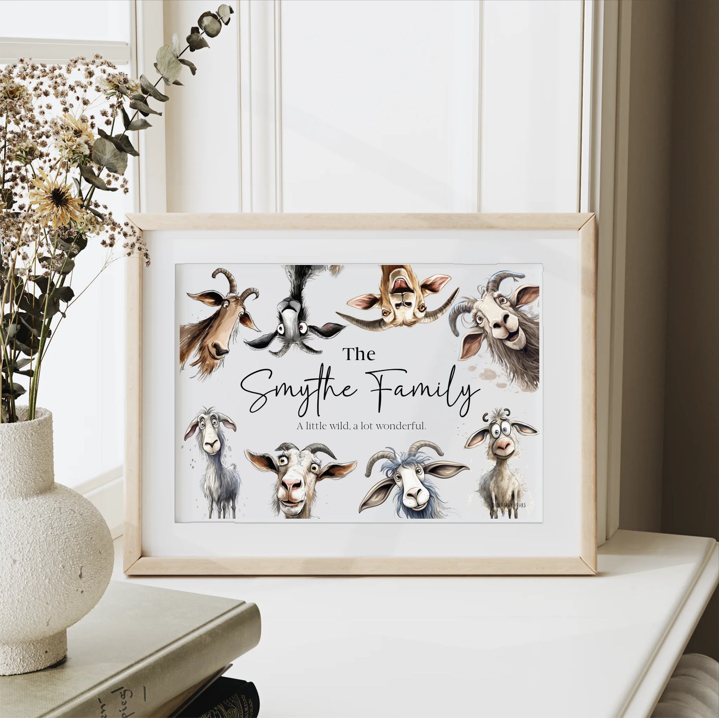 Family gift print featuring goats with personality
