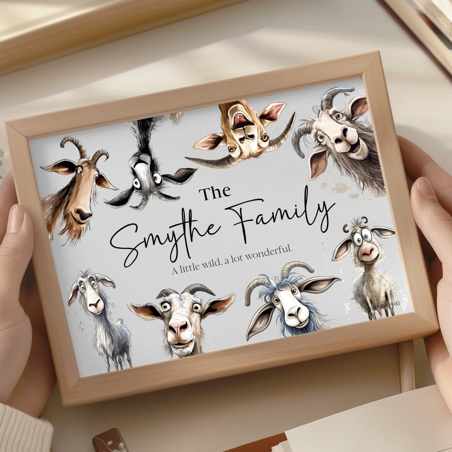 Goat-themed family art print, UK printed