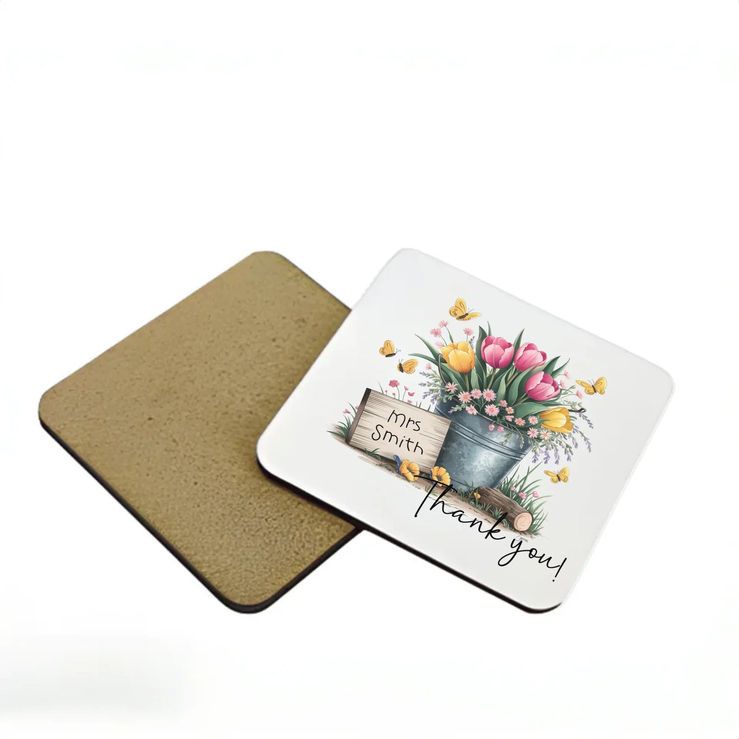 Goodbye gift coaster with name and flower bucket