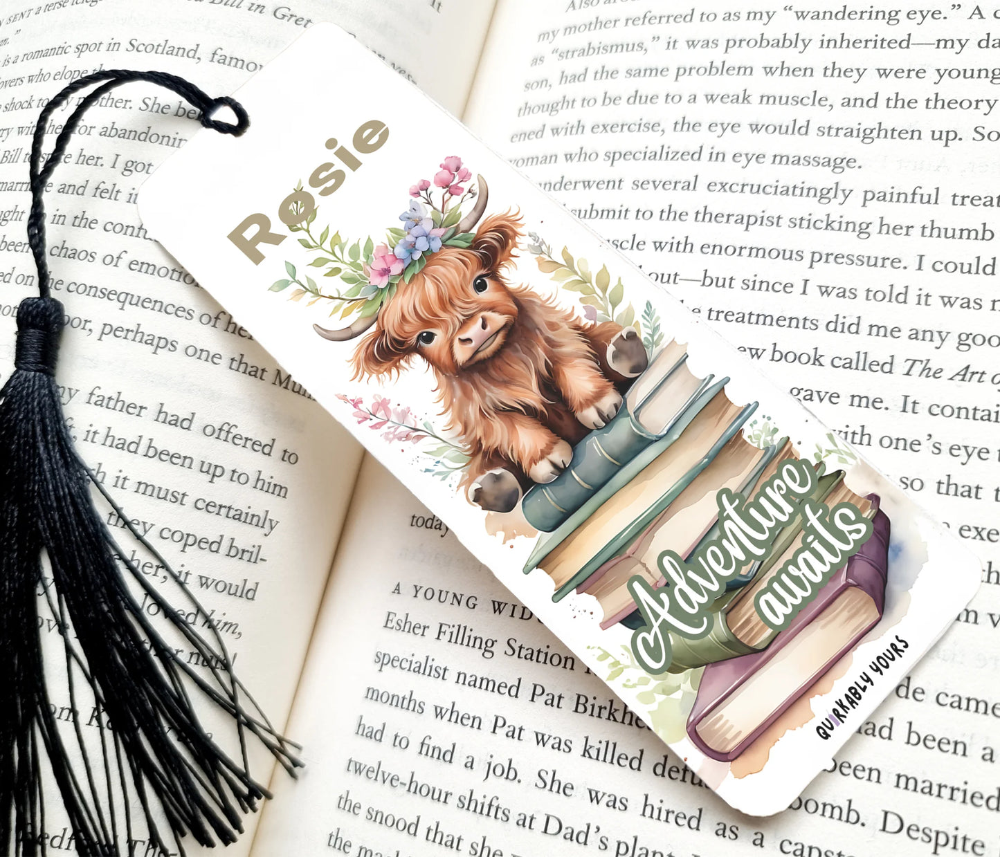 Highland Cow bookmark with tassel with name and inspirational quote