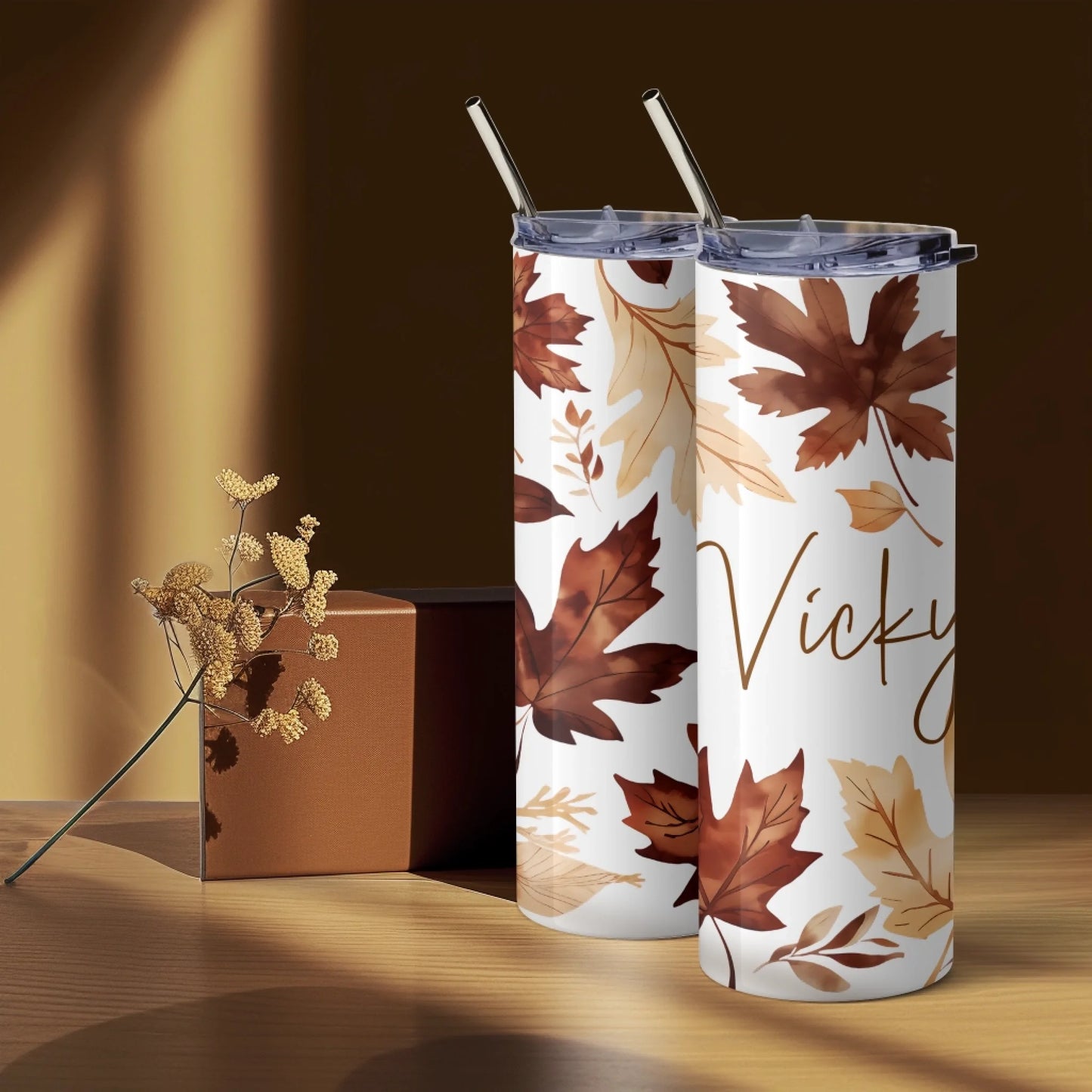 autmun leaves tumbler with warm colours – name printed centre
