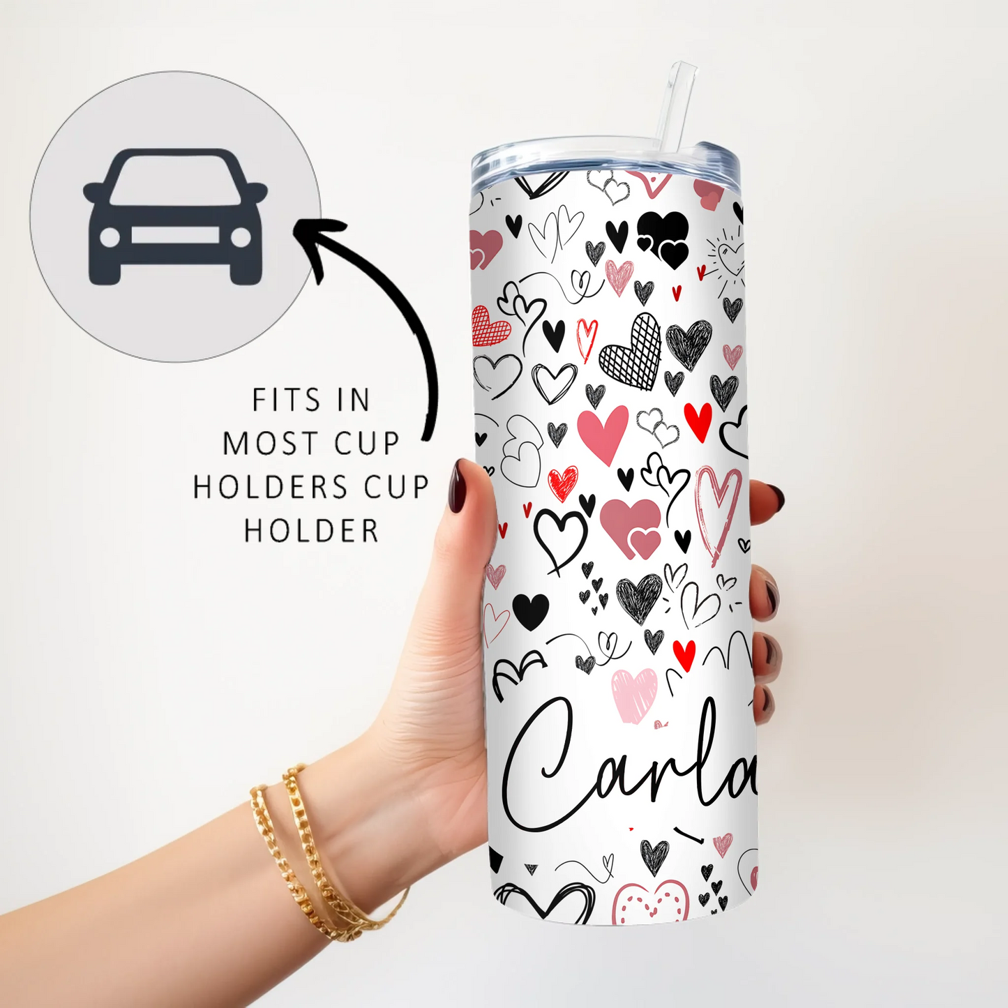 Personalised heart travel cup with name