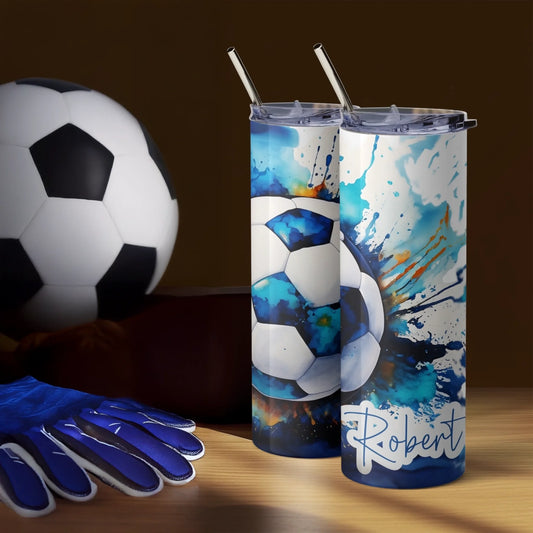 Blue and white football cup with personalised name