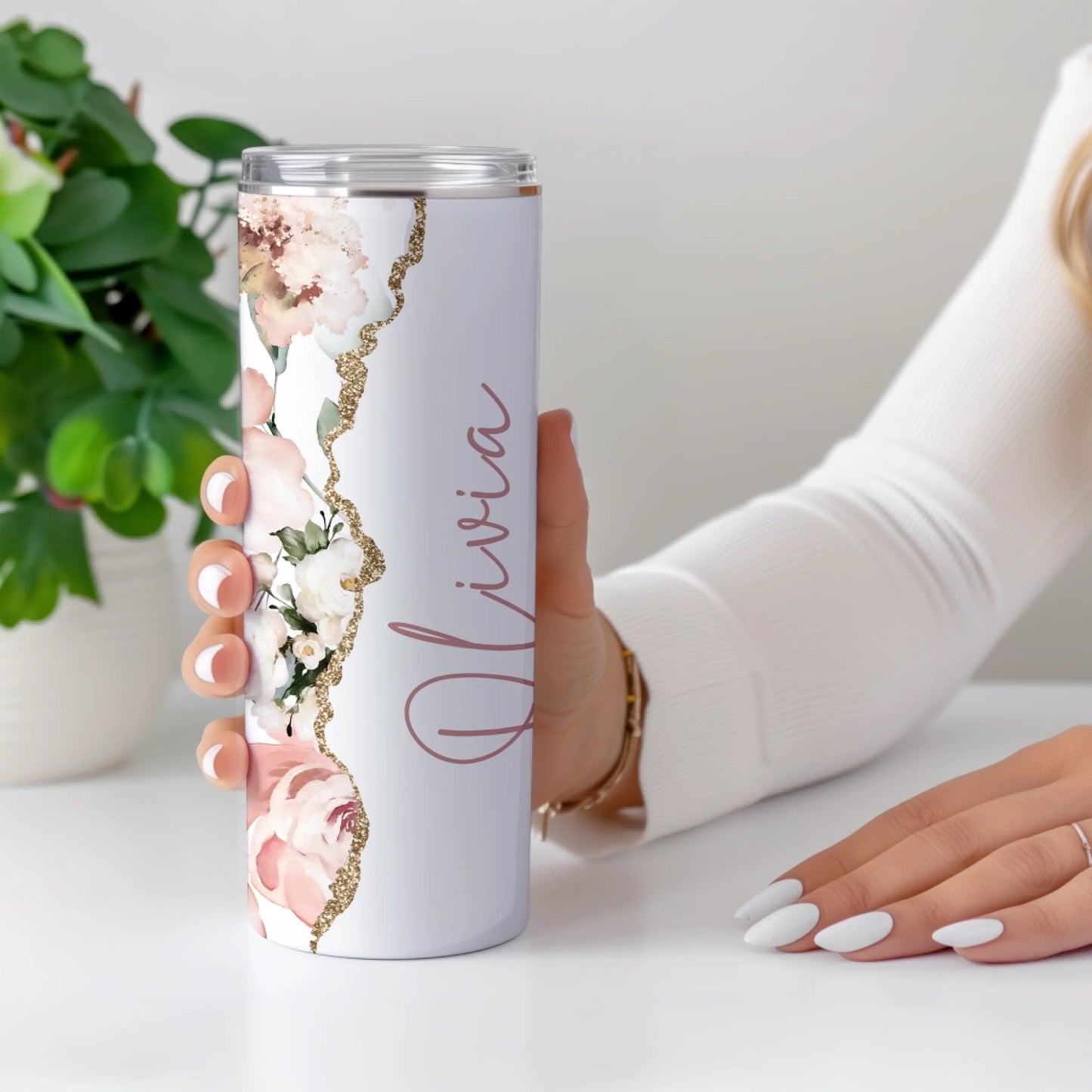 Pink Gold Insulated tumbler bottle with pretty floral design, perfect for Mum or friends