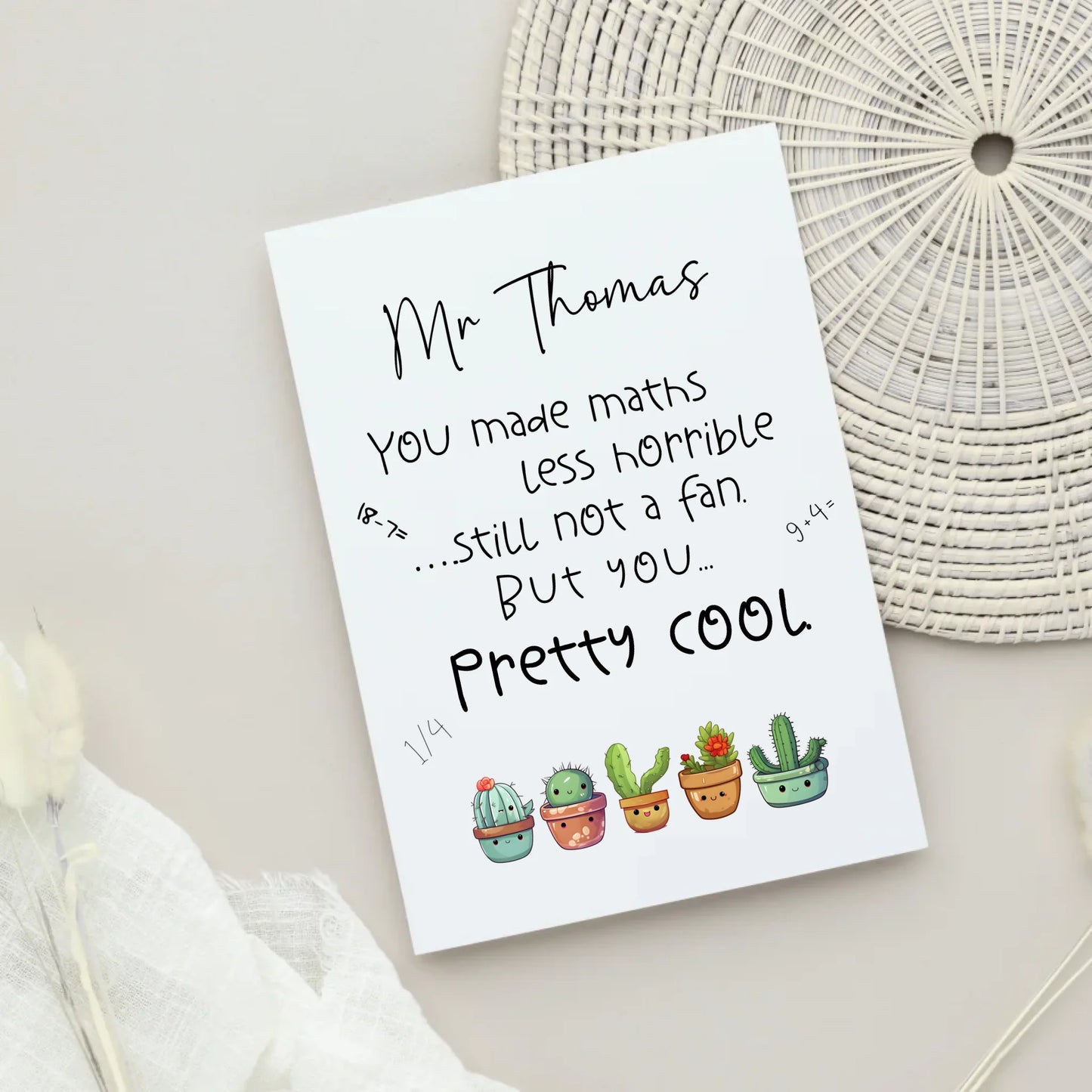 Cute kawaii cactus teacher card
