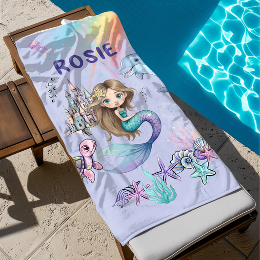 Mermaid towel for girls with fairy castle