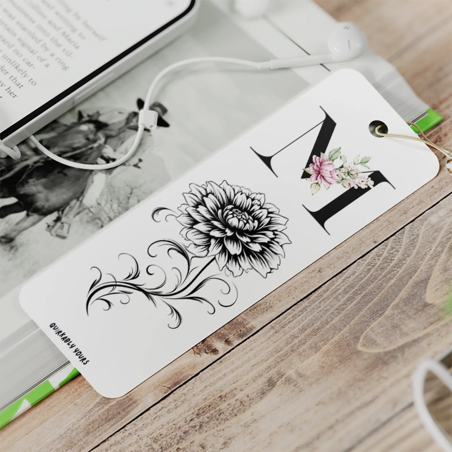 Custom initial bookmark with floral birthmonth design for book lovers