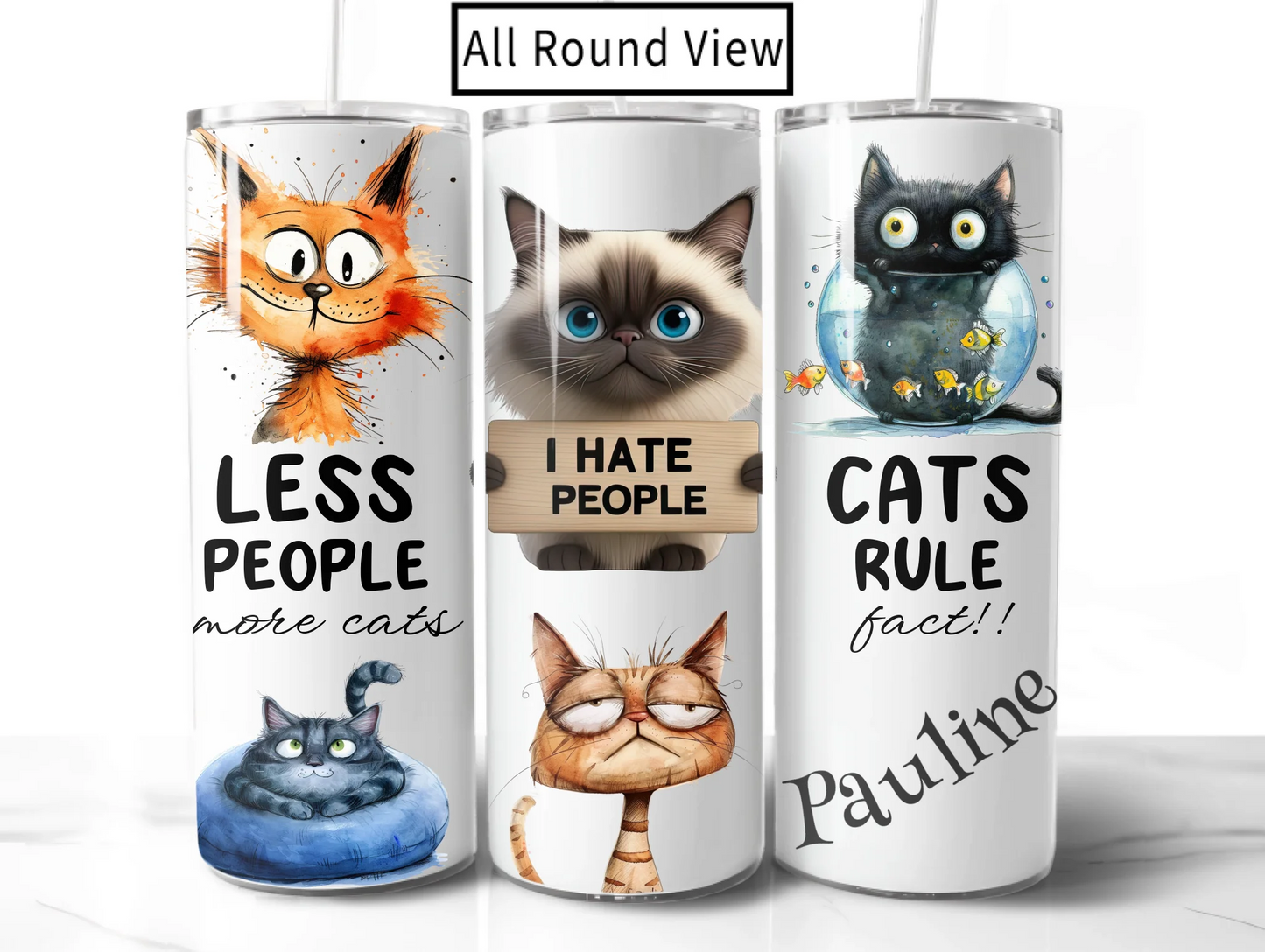Three tumblers with cat-themed designs and text on a white background