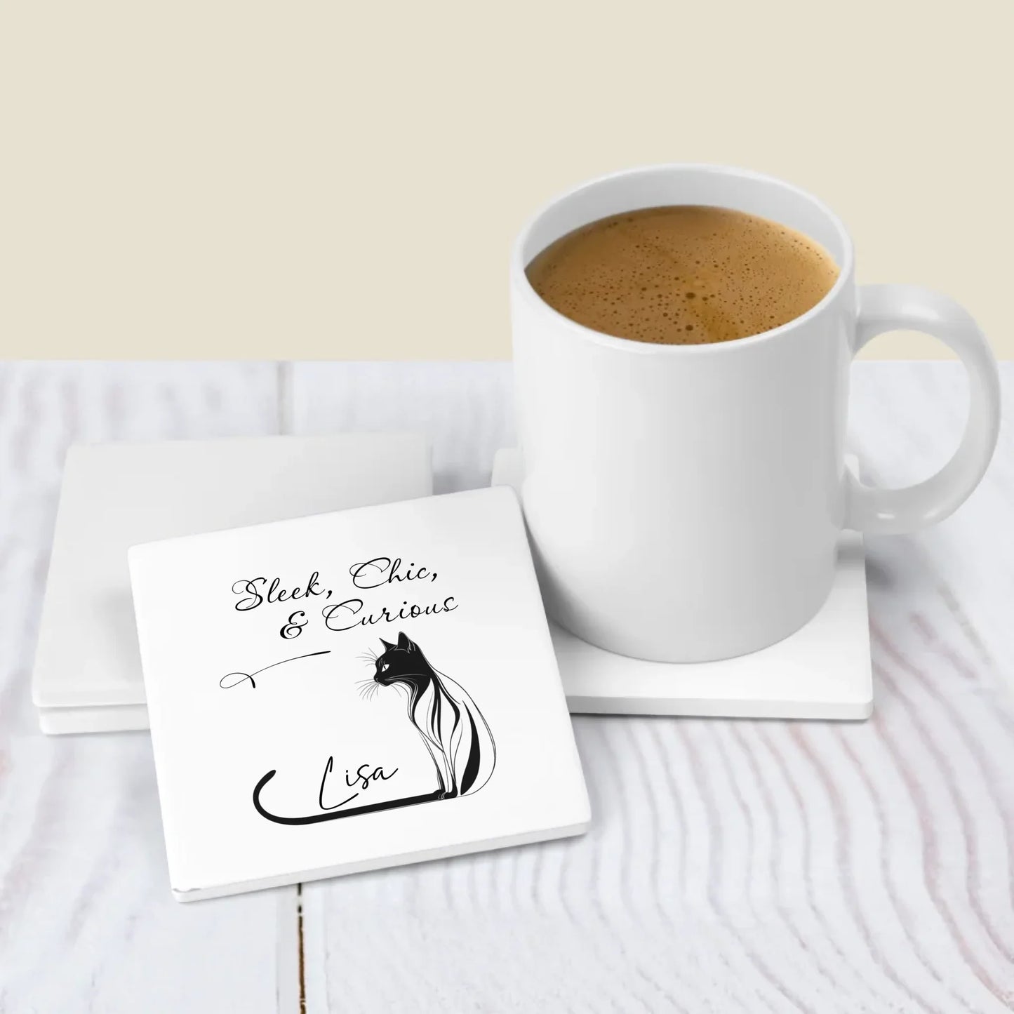Ceramic coaster with minimalist black cat illustration