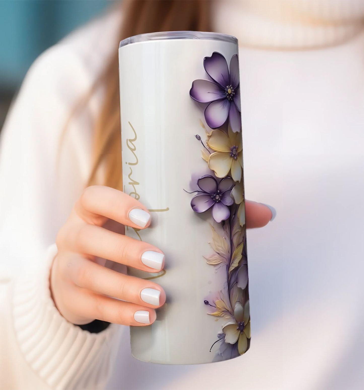 purple and yellow flower birthday or Mother’s Day tumbler