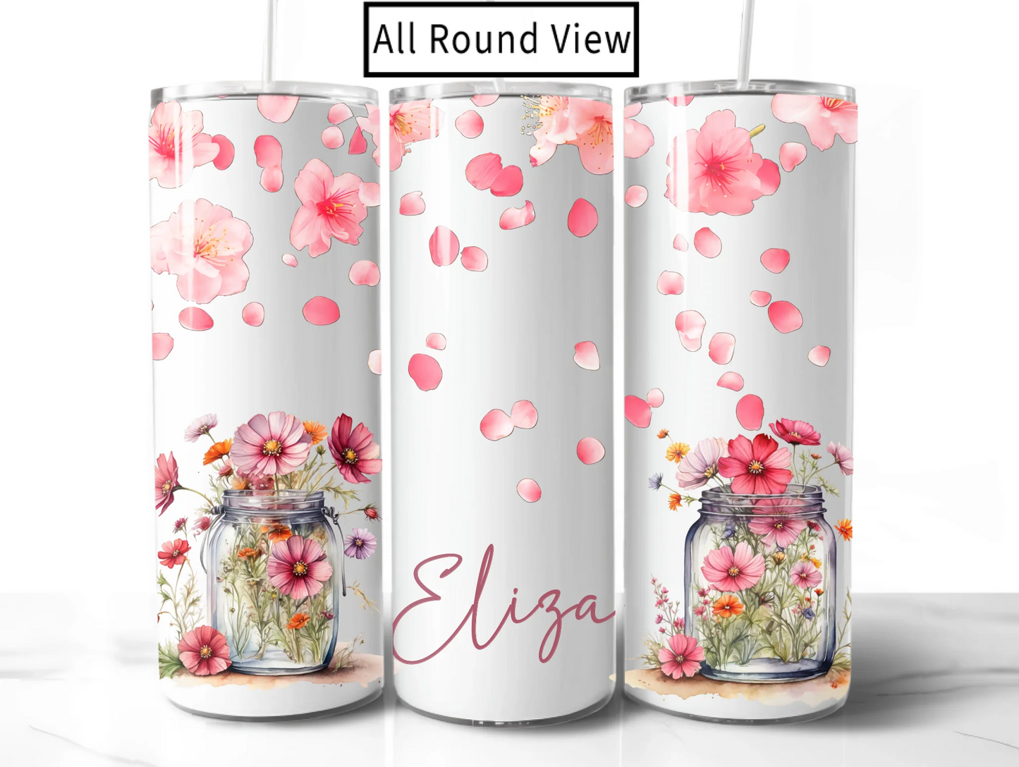Three floral tumbler designs with 'Eliza' printed on a white background