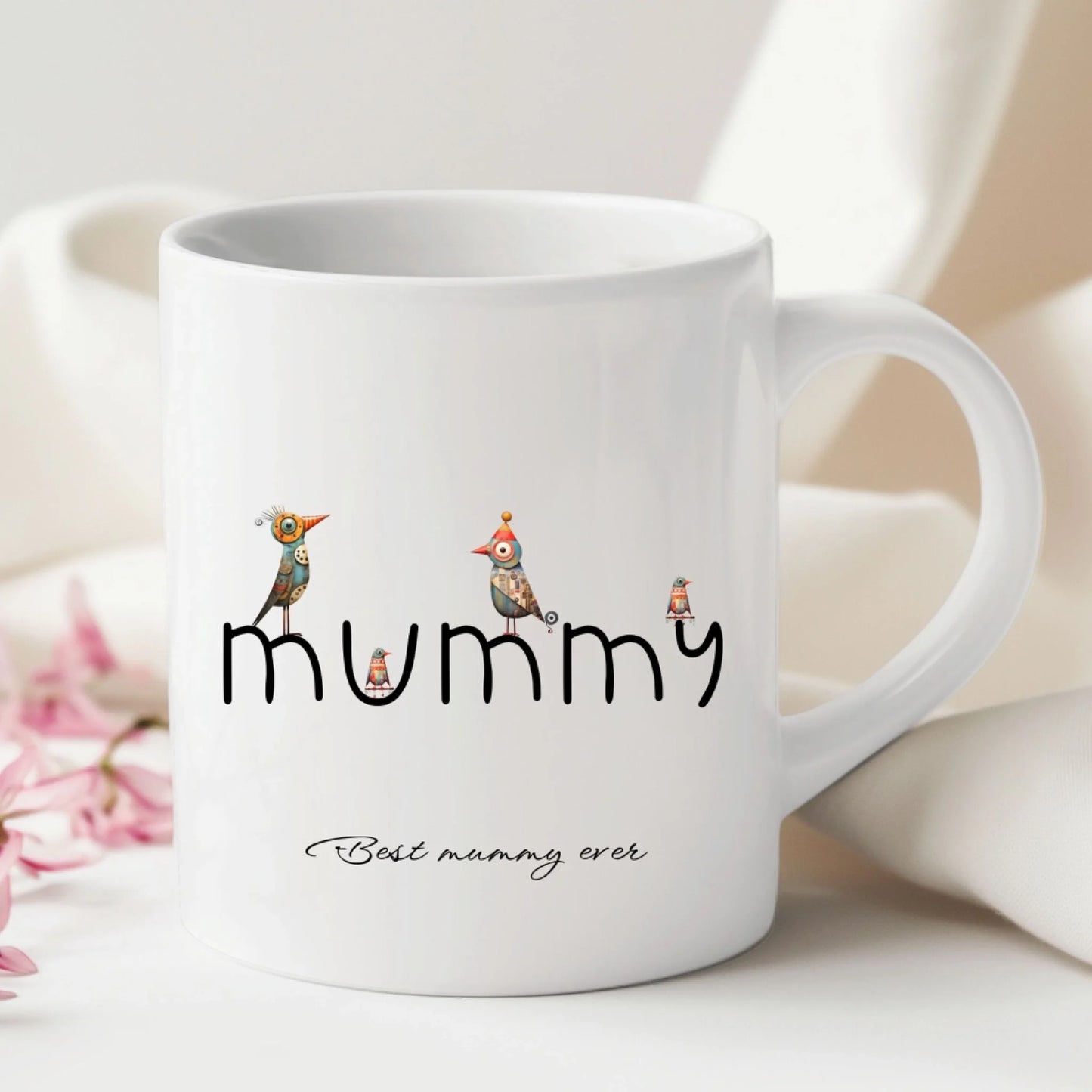 Quirky birds Mug for Mum or Dad with personalised text