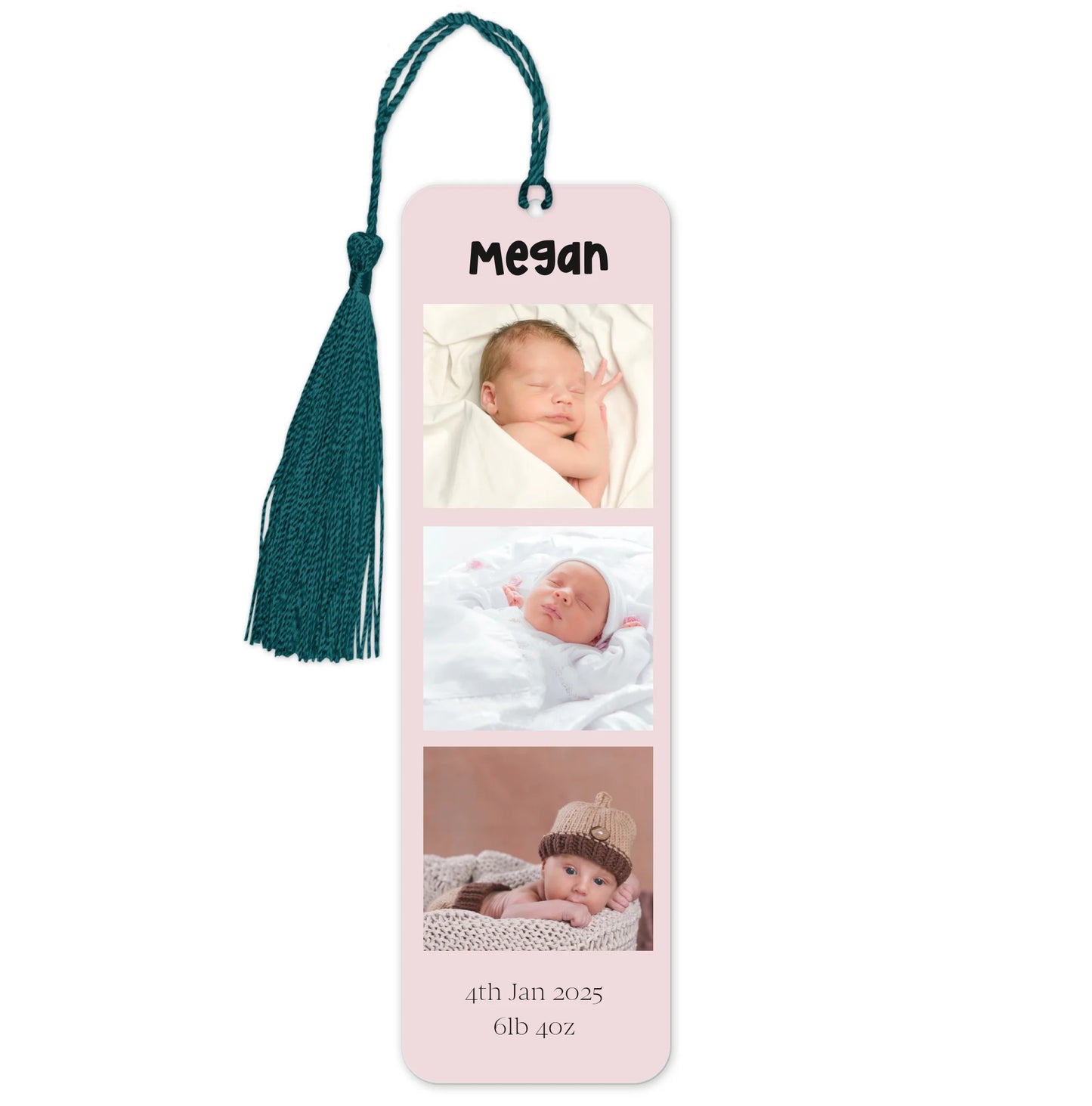 Personalised aluminium bookmark with new baby pictures and message