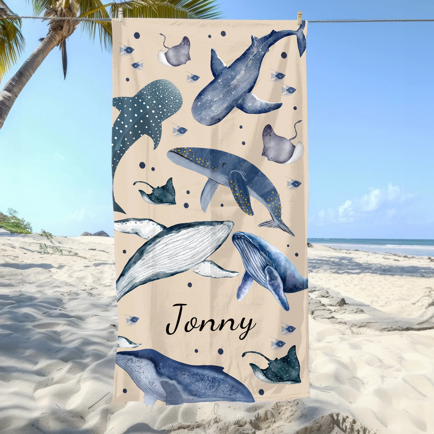 Personalised beach towel with whales and sharks