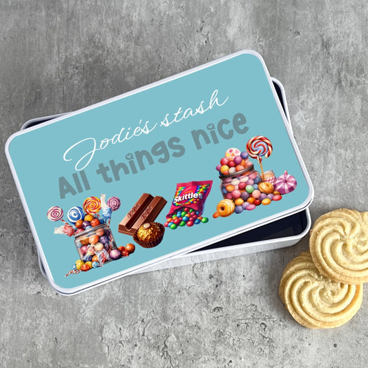 Office snack storage tin with name