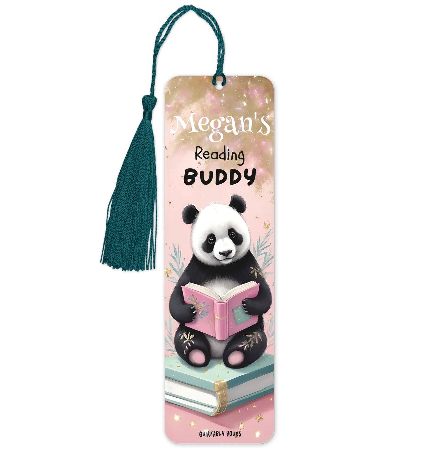 Personalized bookmark with panda holding a book, tassel, and text on a white background