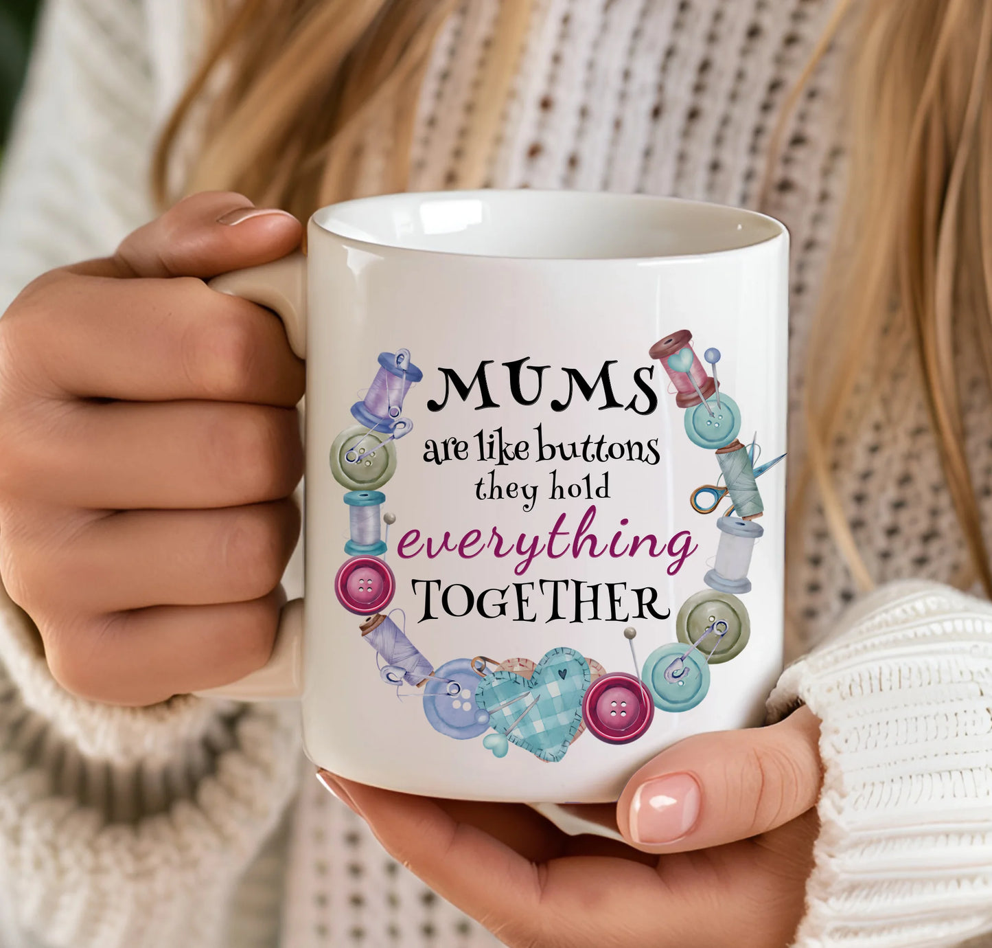 Gran mug with threads and buttons