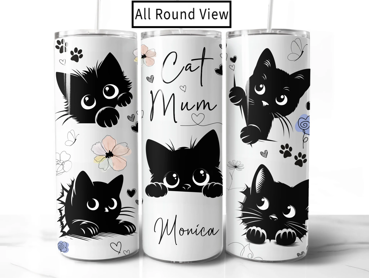 White thermal cup with black cats and hearts