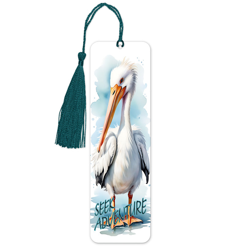 A colorful bookmark featuring an illustration of a pelican with the text 'seek adventure' printed below it, attached to a tassel.