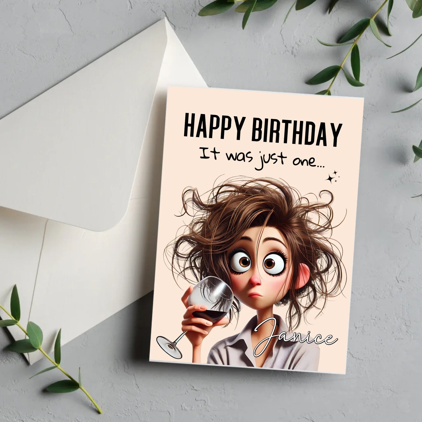 Personalised 5x7 card red wine cartoon lady